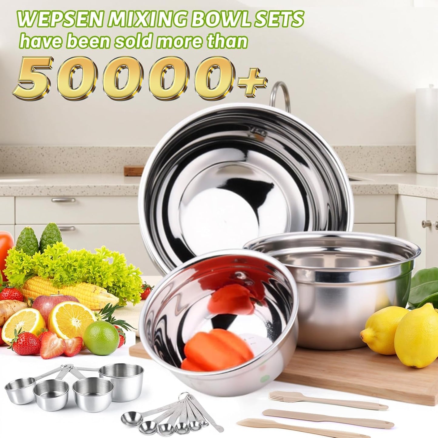Mixing Bowls Set, 27PCS Khaki Mixing Bowls With Lids Set Stainless Steel Kitchen Large Nesting Metal Bowl 7QT to 1.5QT, Measuring Cups and Spoons for Prepping Cooking Serving