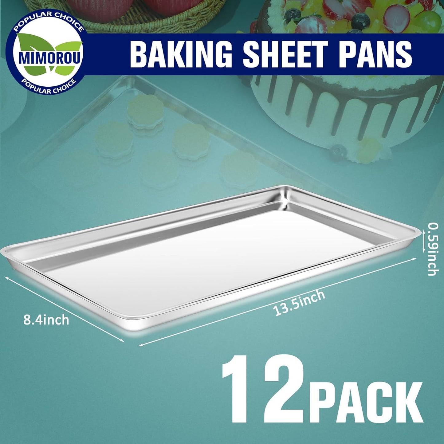 Mimorou 12 Pcs Baking Sheet Stainless Steel Cookie Sheet Small Metal Pans Professional Rectangle Oven Trays Kitchen Baking Cooking Oven and Toaster, Dishwasher Safe (13.5 x 8.4 Inches)