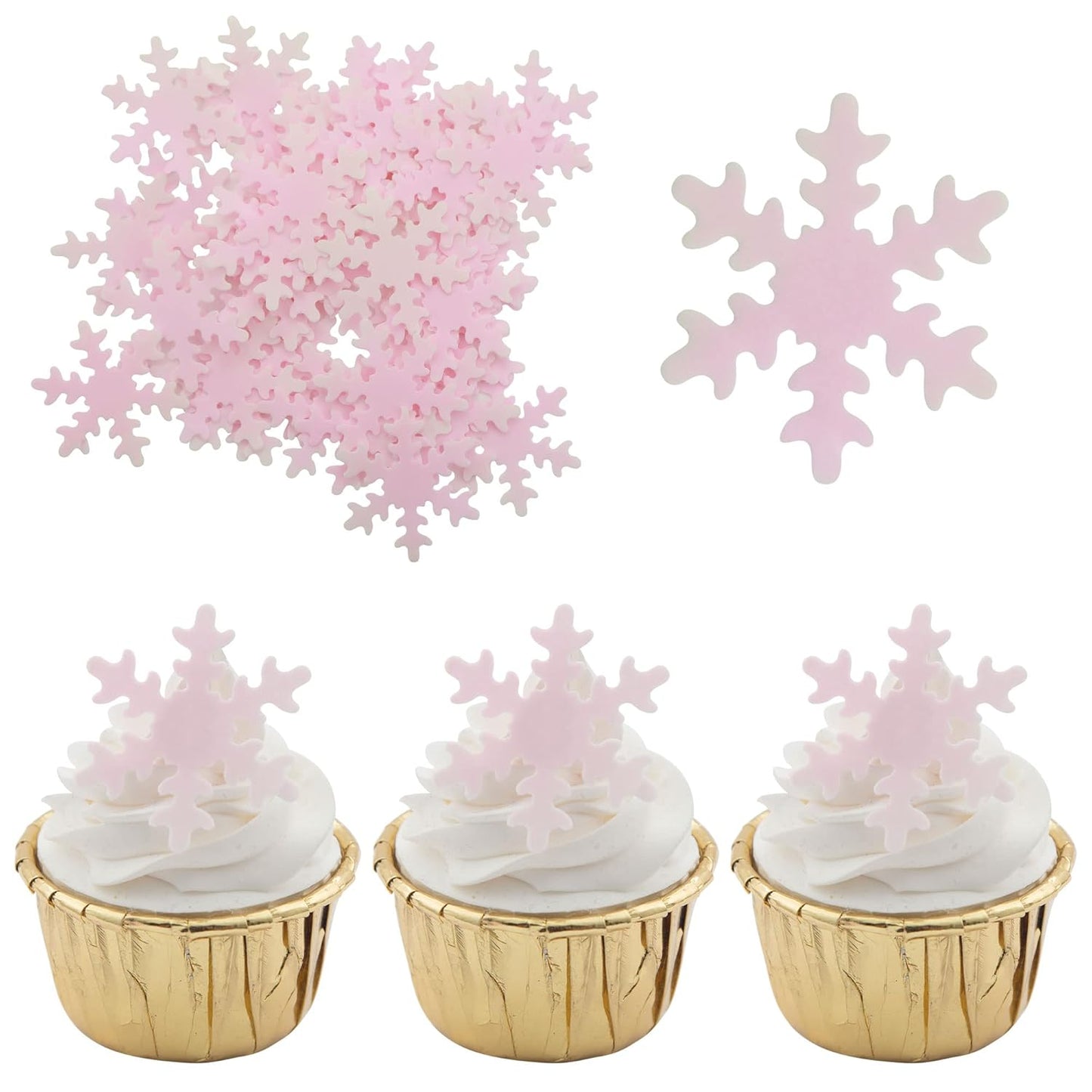 Gyufise 50Pcs Pink Edible Cupcake Cake Toppers Snowflake Cake Decorations for Christmas Winter Frozen Theme Party Supply Decoration
