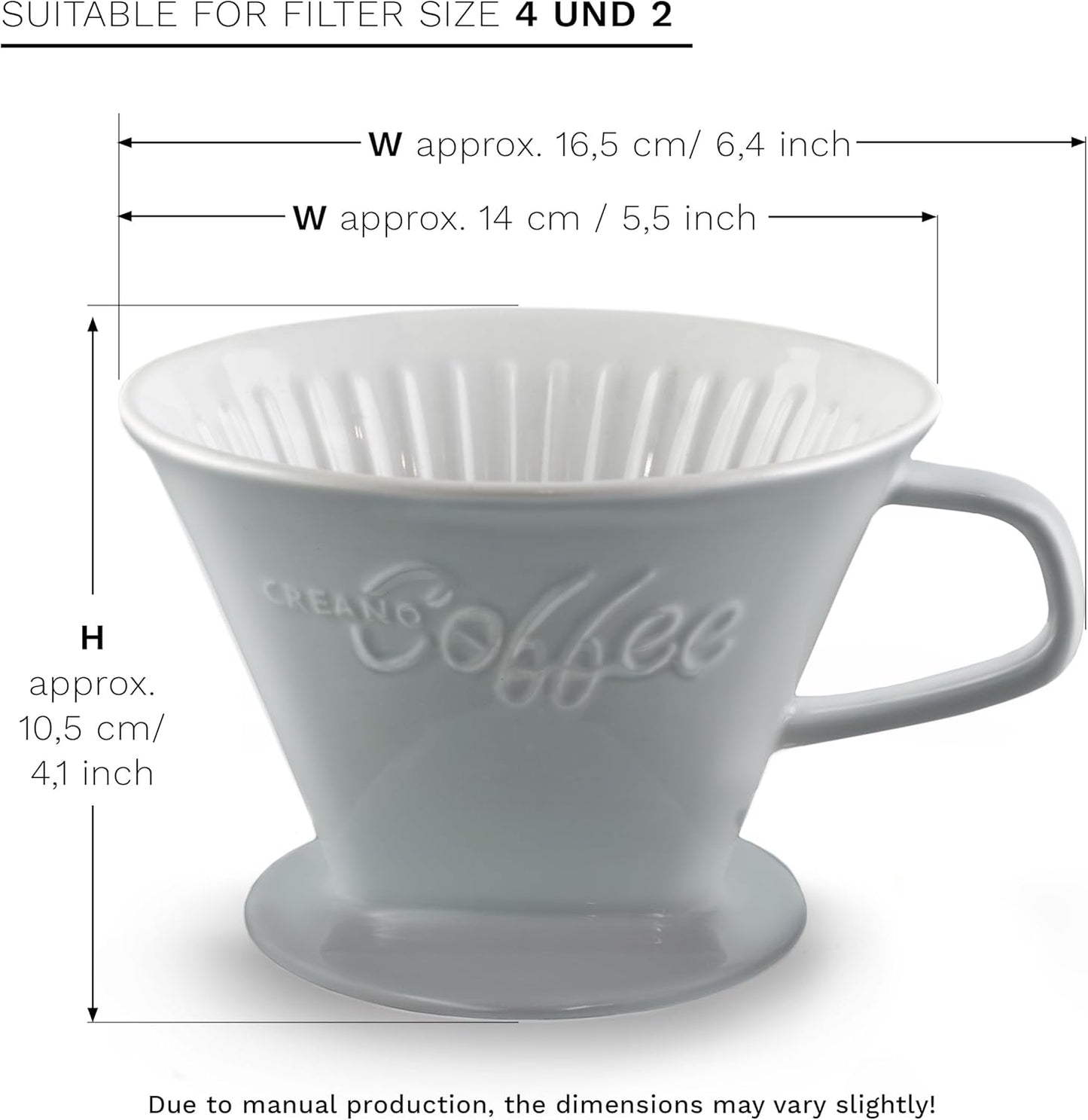 Creano Porcelain Coffee Dripper Stone Grey - Ceramic Cone Brewer - Pour Over Coffee Maker for Filter Bags Size 4 - Easy Manual Brew for pure taste - also for Camping, Hiking