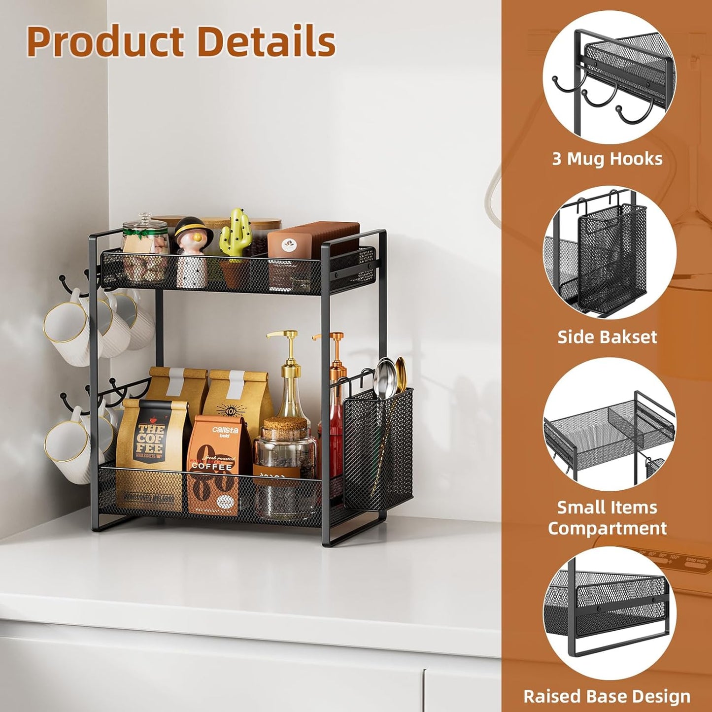 VITVITI Coffee Bar Organizer with Mug Holder, Metal Coffee Station Organizer for Countertop, 2 Tier Cup Mug Holders Rack with Basket for Kitchen Office, Black