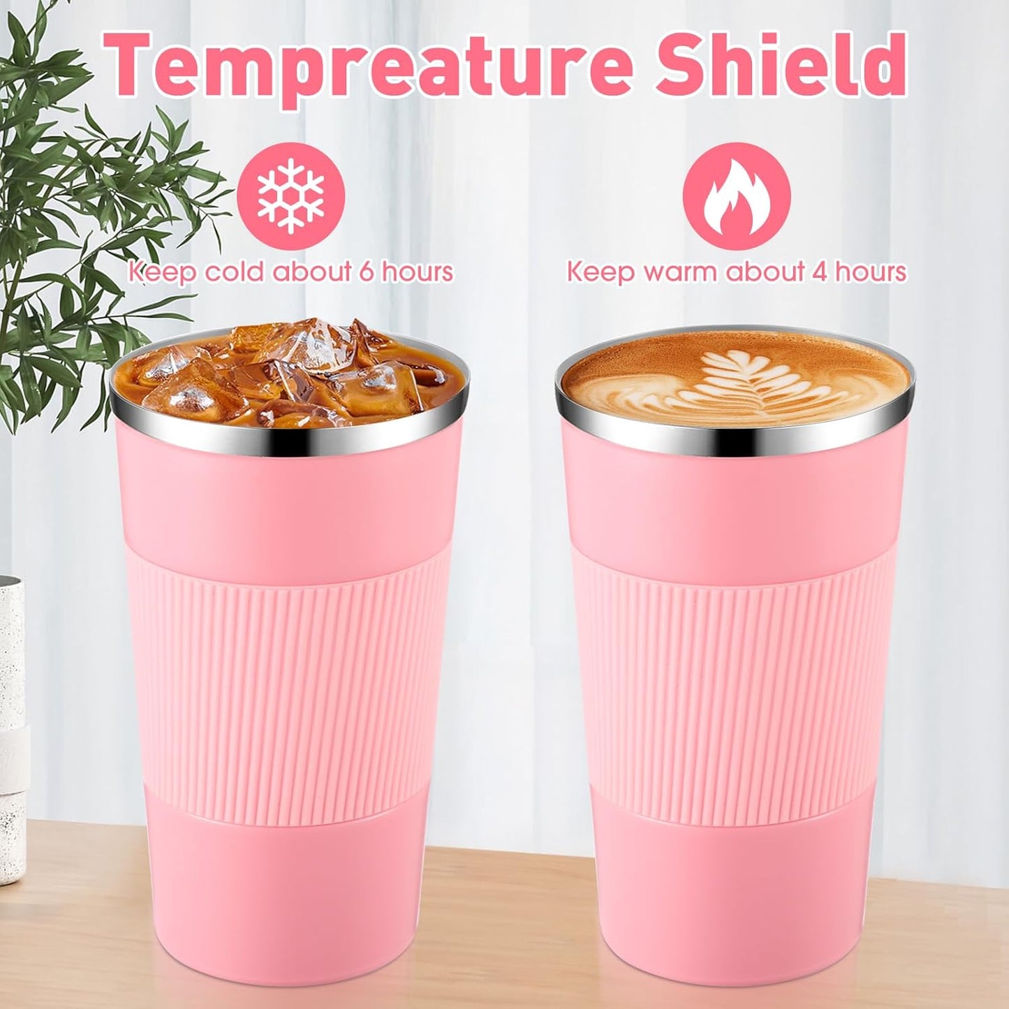 Sabary 4 Pack 16 oz Bulk Travel Coffee Mug with Lid Reusable Vacuum Insulated Coffee Tumbler Double Wall Thermal Stainless Steel Camping Tea Cup for Christmas Winter Drinks Employee Gift(Pink)
