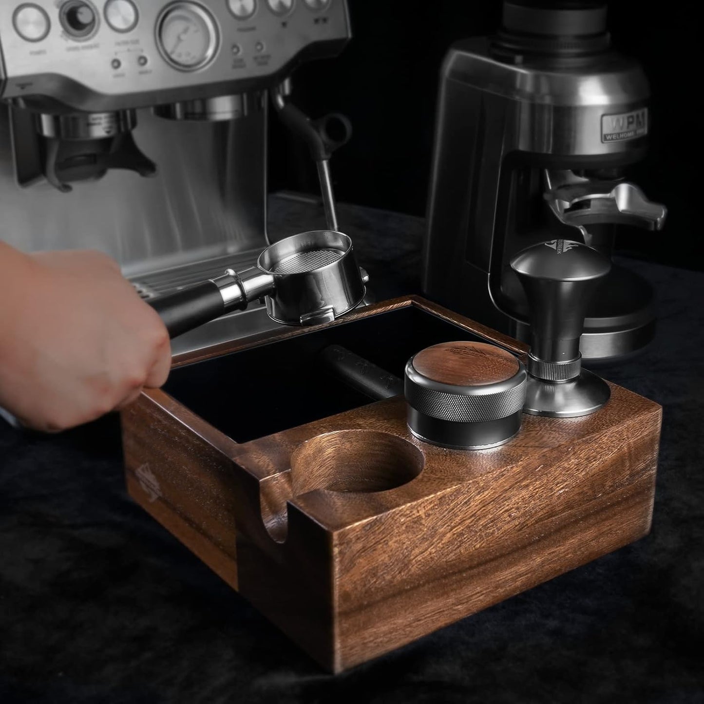 CrossCreek Coffee Knock Box | Fits 58mm Portafilter Holder | Tamping Station & Distributor Stand | Large Wood Espresso Container | Espresso Accessories for Coffee Bar