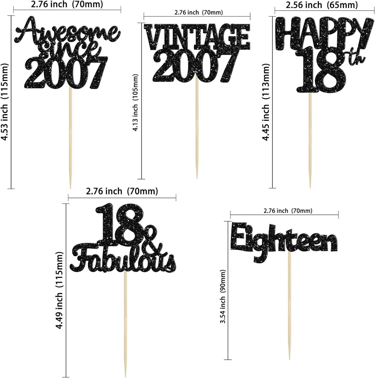 Gyufise 30Pcs Vintage 2007 Cupcake Toppers Glitter Eighteen Happy 18th Cupcake Picks Happy 18th Birthday Cake Decorations for Happy 18th Birthday Fabulous Anniversary Party Supplies Black
