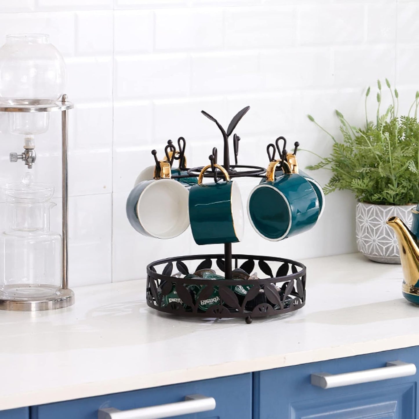 Coffee Mug Holder with Coffee Pod Basket Storage, Rotatable 6-capacity Cup Mug Holder Tree, Coffee Counter Bar Accessory & Kitchen Organizer