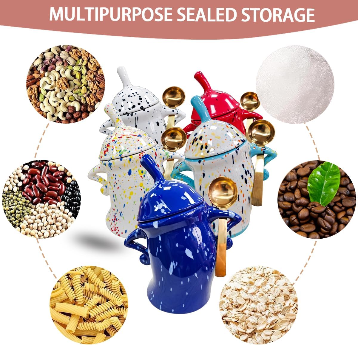 Canister With Attitude - 1.2L Ceramic Storage Jar with Lid, Airtight Kitchen Canisters Set for Coffee, Sugar & Tea | Farmhouse Flour Sugar Storage Container, Handmade with Spoon Rest (Gyan+White)