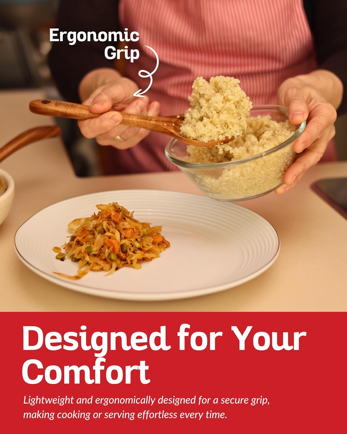 Boxiki Kitchen Luxury Teak Wood Utensil Set - Elegant 6-Piece Cooking Ensemble Including Spoons, Server, Scraper & Spatula - Expertly Crafted for Culinary Excellence