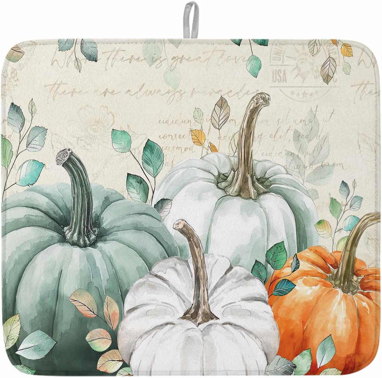 Fall Dish Drying Mat for Kitchen Counter Green Pumpkin Drying Pad Absorbent Drying Mats for Countertops Sinks Draining Racks Eucalyptus Leaves Drainer Holiday Harvest Thanksgiving Decorations 18x24