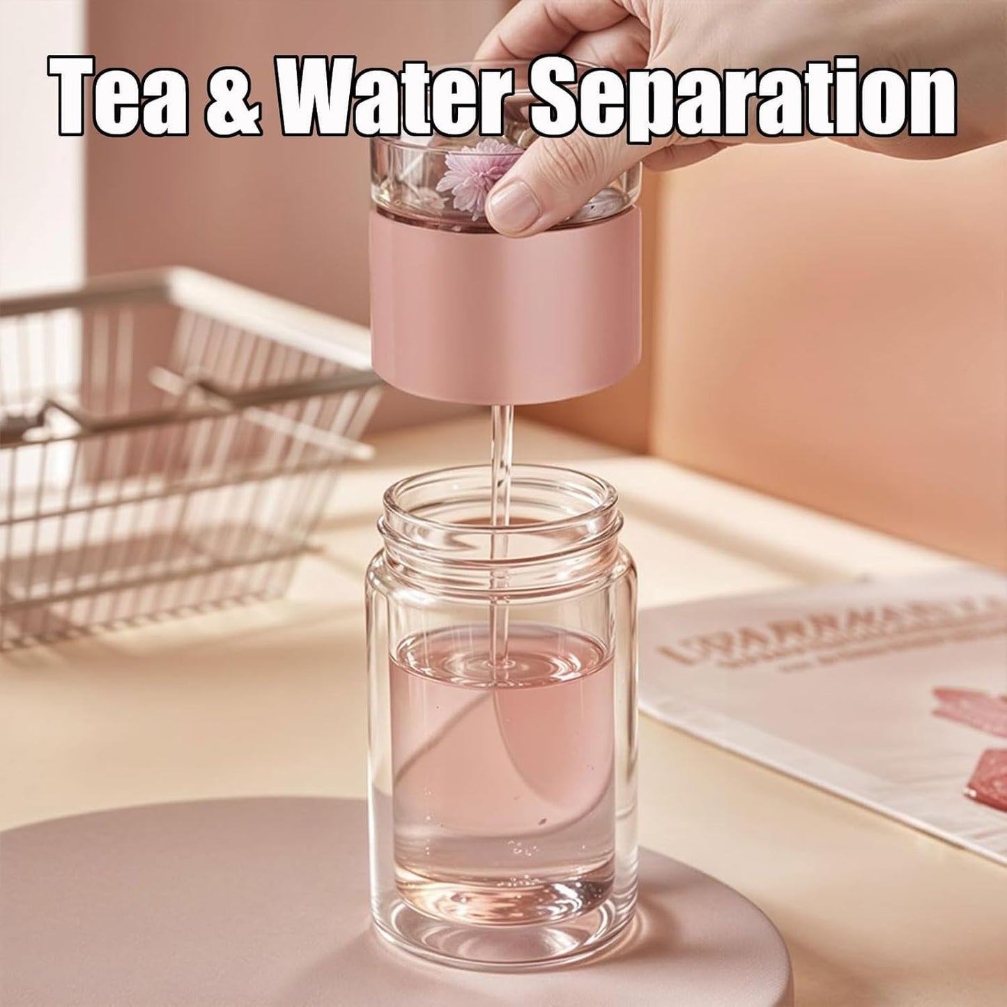 Tryteava Glass Infuser, Tryteava 3-in-1 Smart Tea Infuser, Portable Glass Double Wall Tea Infusers Bottle, with Stainless Steel Filter, Hot & Cold Brew, For Loose Leaf, Office Home (Pink, 420ml)