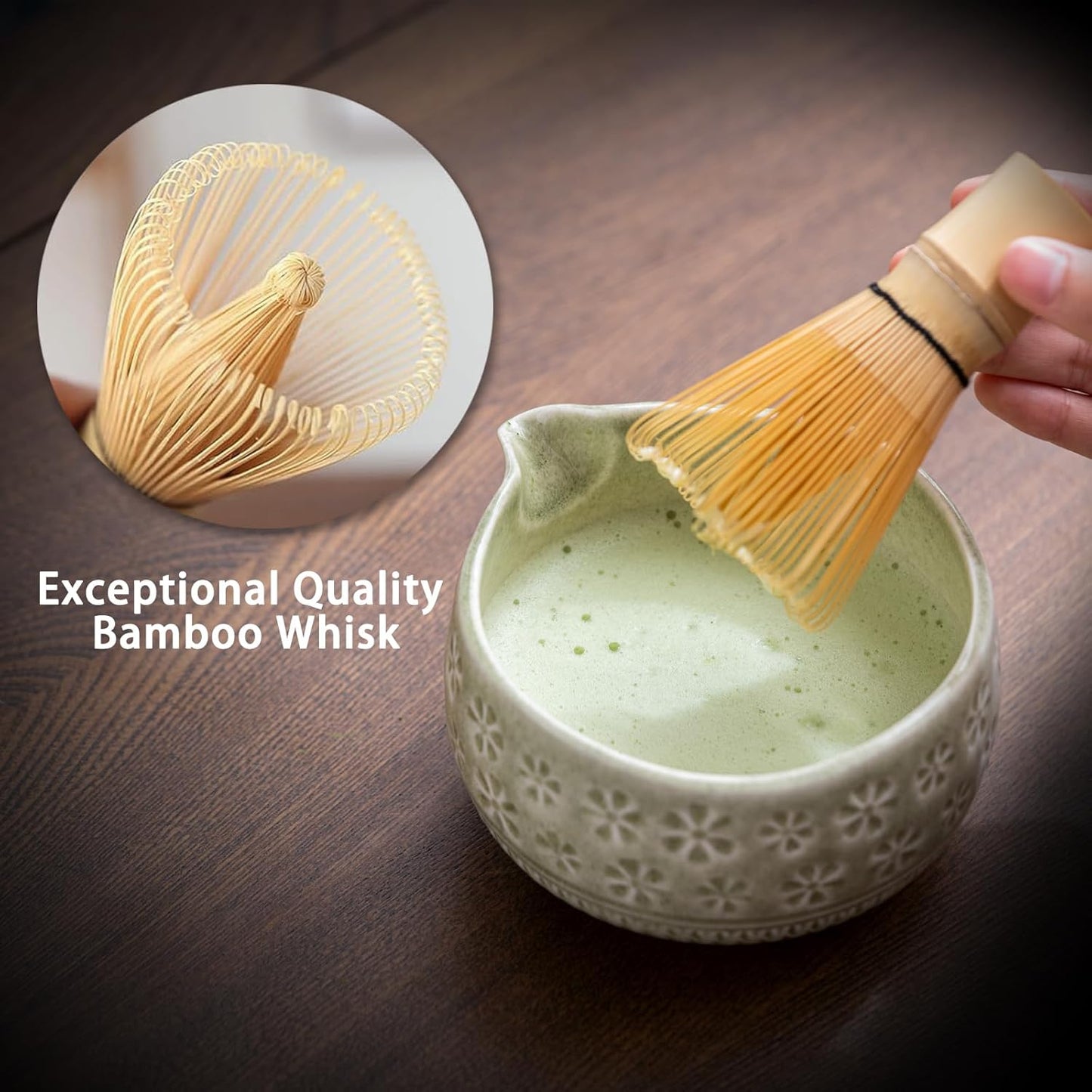 Matcha Whisk Set, Ceramic Matcha Set Includes Matcha Bowl, Matcha Whisk and Holder, Bamboo Scoop, Scoop Rest, Sifter and Tea Towel - 7 Pcs Matcha Kit for Matcha Lovers (Mottled Green)