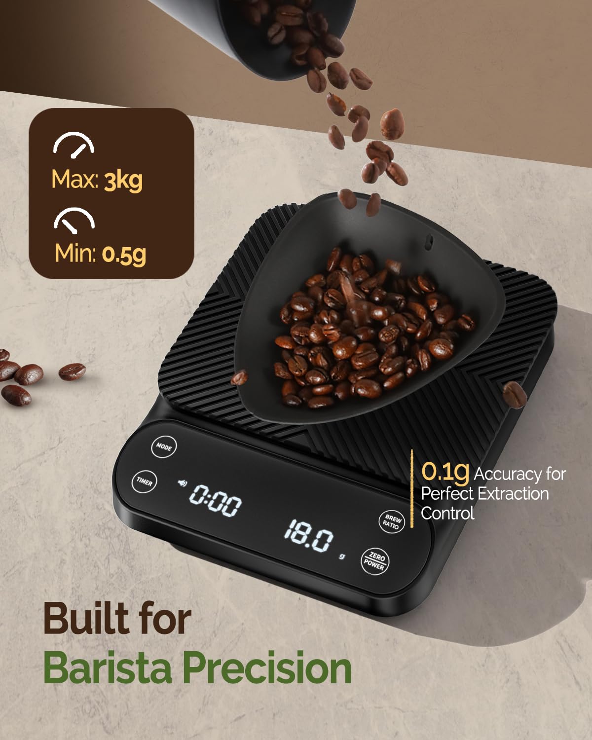 Maestri House S3 Coffee Scale with Timer, 3kg/0.1g Rechargeable Digital Scale, 3 Brew Modes, Adjustable Ratios & Flow Rate Display, Barista-Grade for Pour-Over, Espresso, French Press – Black