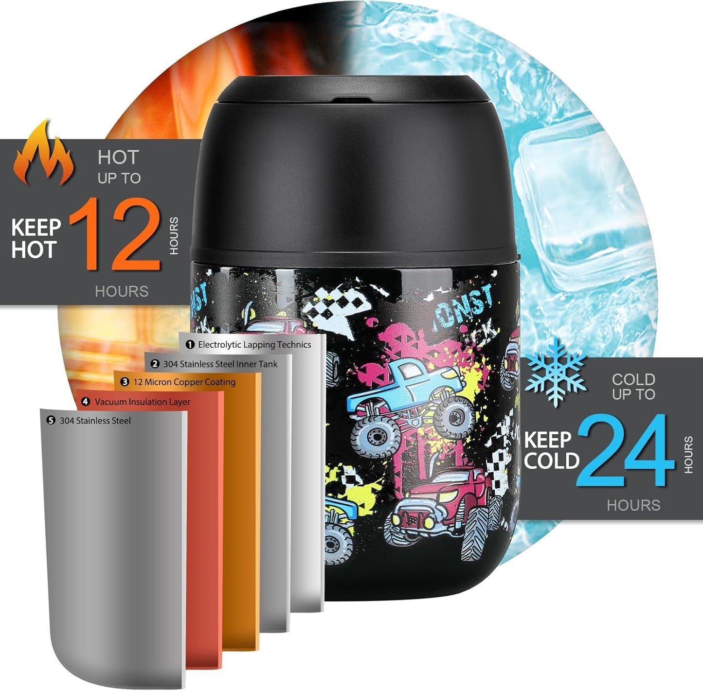 17 oz Insulated Lunch Containers Hot Food Jar, Wide Mouth Lunch Thermo for Kids Adults, Vacuum Stainless Steel Lunch Box With Handle Folding Spoon for School, Office Black - Car