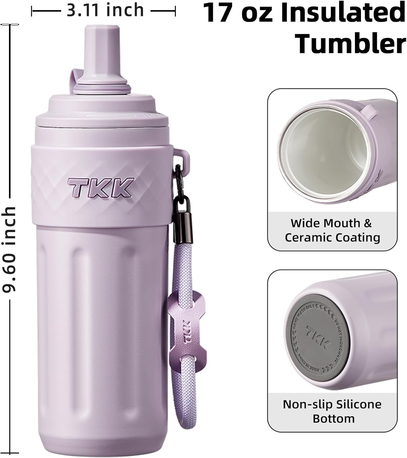 TKK 17 OZ Travel Tumbler Ceramic Lining with Straw Lid, Stainless Steel Vacuum Insulated Double Wall Coffee Tumbler, Leak Proof Iced Water Bottle with Carry Strap for Hot & Cold Drinks, Purple