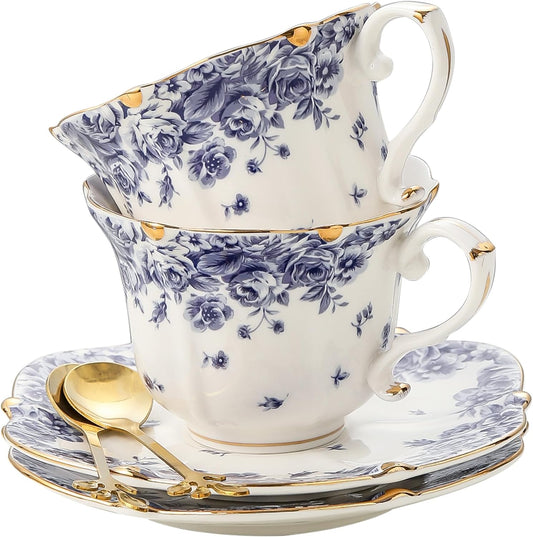 TATSUMI Country Roses Bone China Tea Cup and Saucer Set, 6 Pieces, Vintage Style, For Women and Tea Parties（sky blue，2 sets）