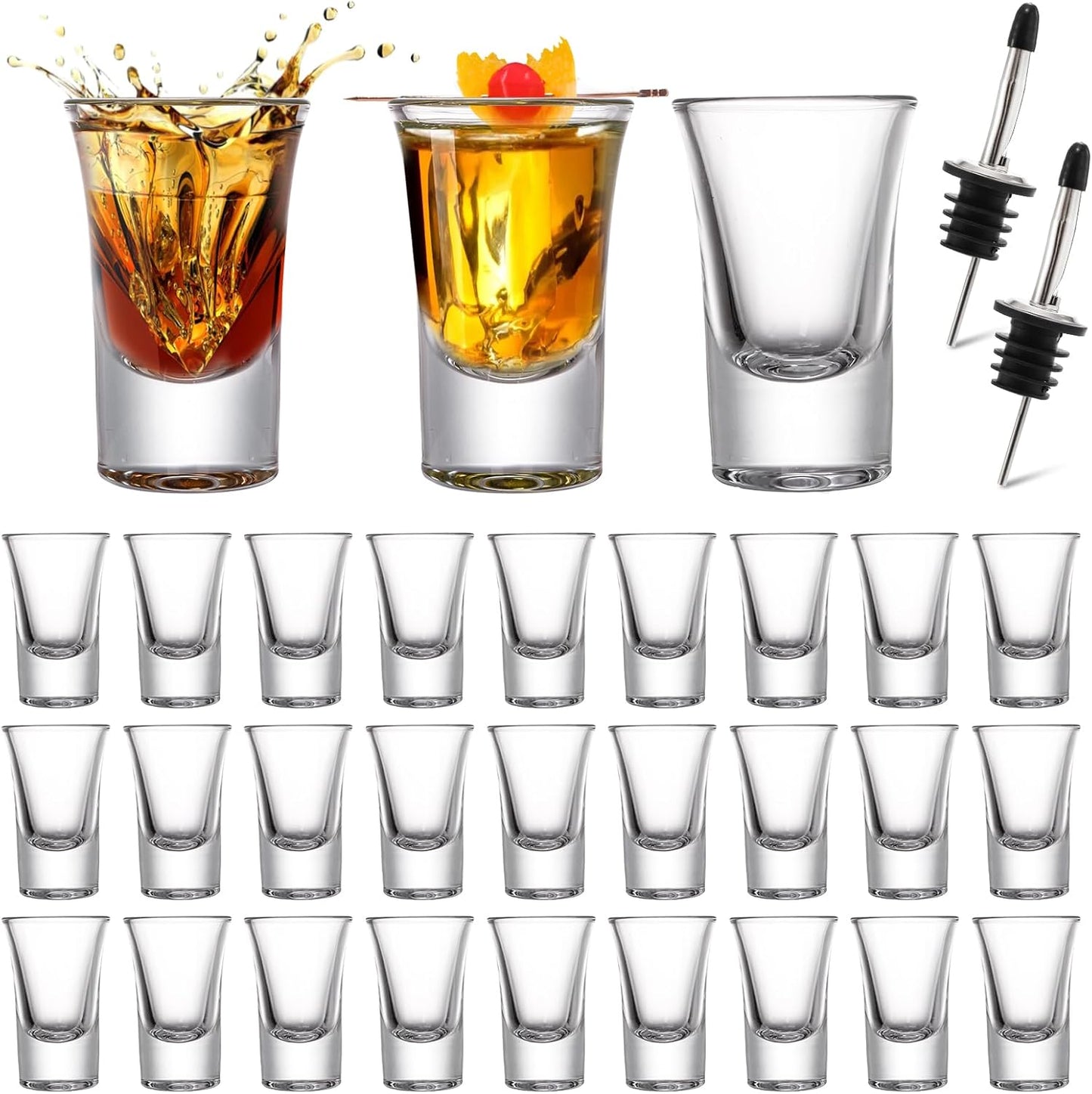 Tebery 30 Pack Shot Glass Bulk Heavy Base, 1.2 Oz Tequila Glass Set with 2 Bottle Pourer, Clear Small Whiskey Shot Glass Cups for Vodka, Liquors, Cocktail, Espressos, Bar