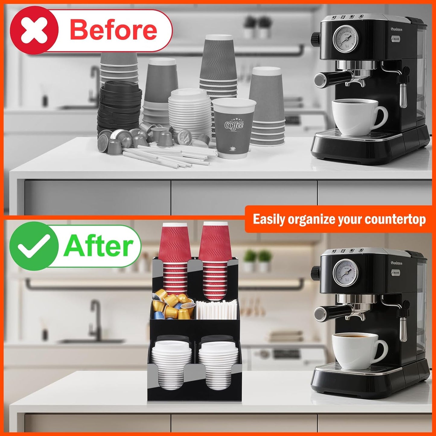 MYITYARD Coffee Station Organizer, Coffee Cup Holder for Countertop, Cup and Lid Dispenser with 6 Compartment, Cup and Condiment Station for Home, Kitchen, Office and Breakroom