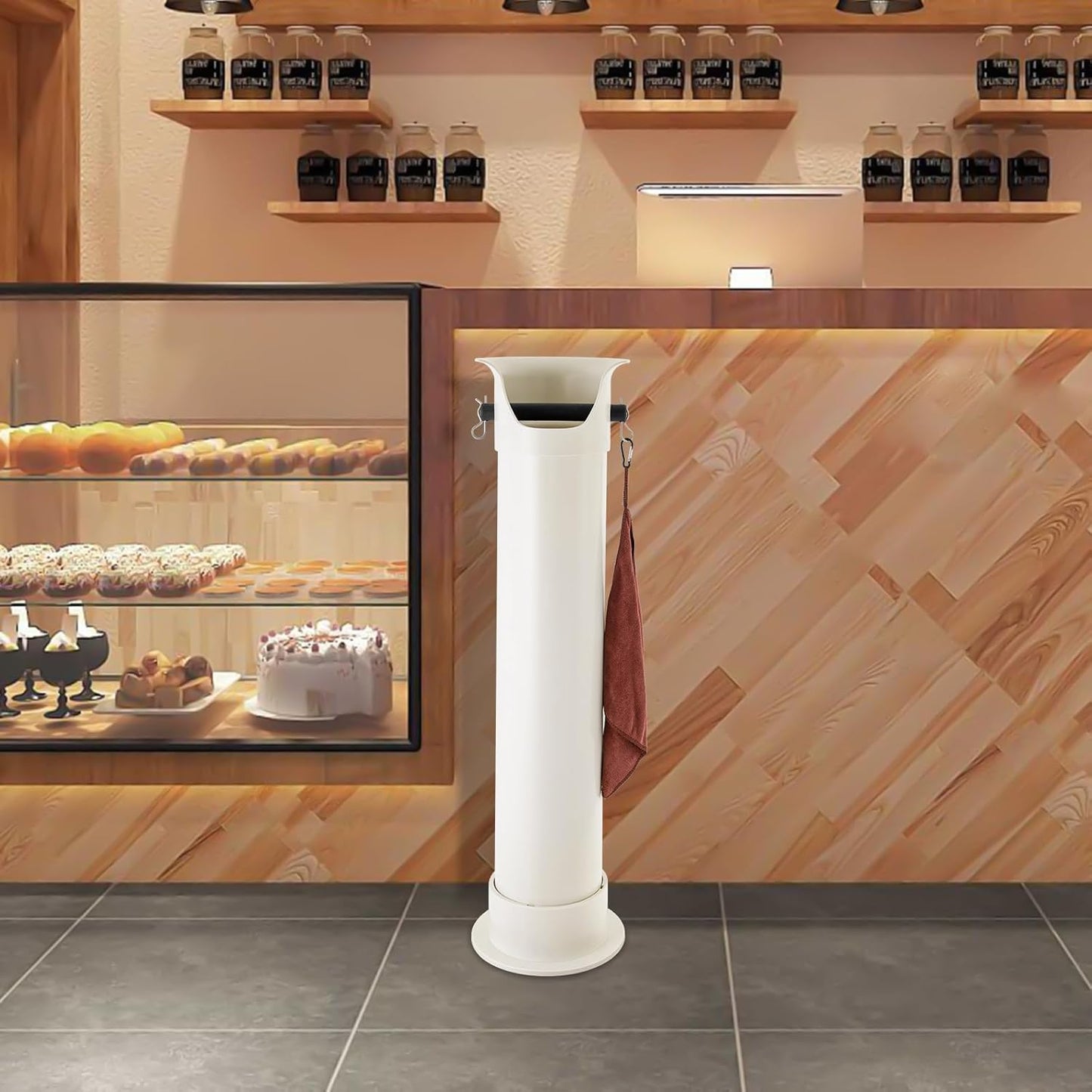 Espresso Coffee Knock Box, Commercial Knock Box for Espresso Coffee Grounds, Floor Standing Coffee Knock Box with 30pcs Garbage Bags and Towel (White)