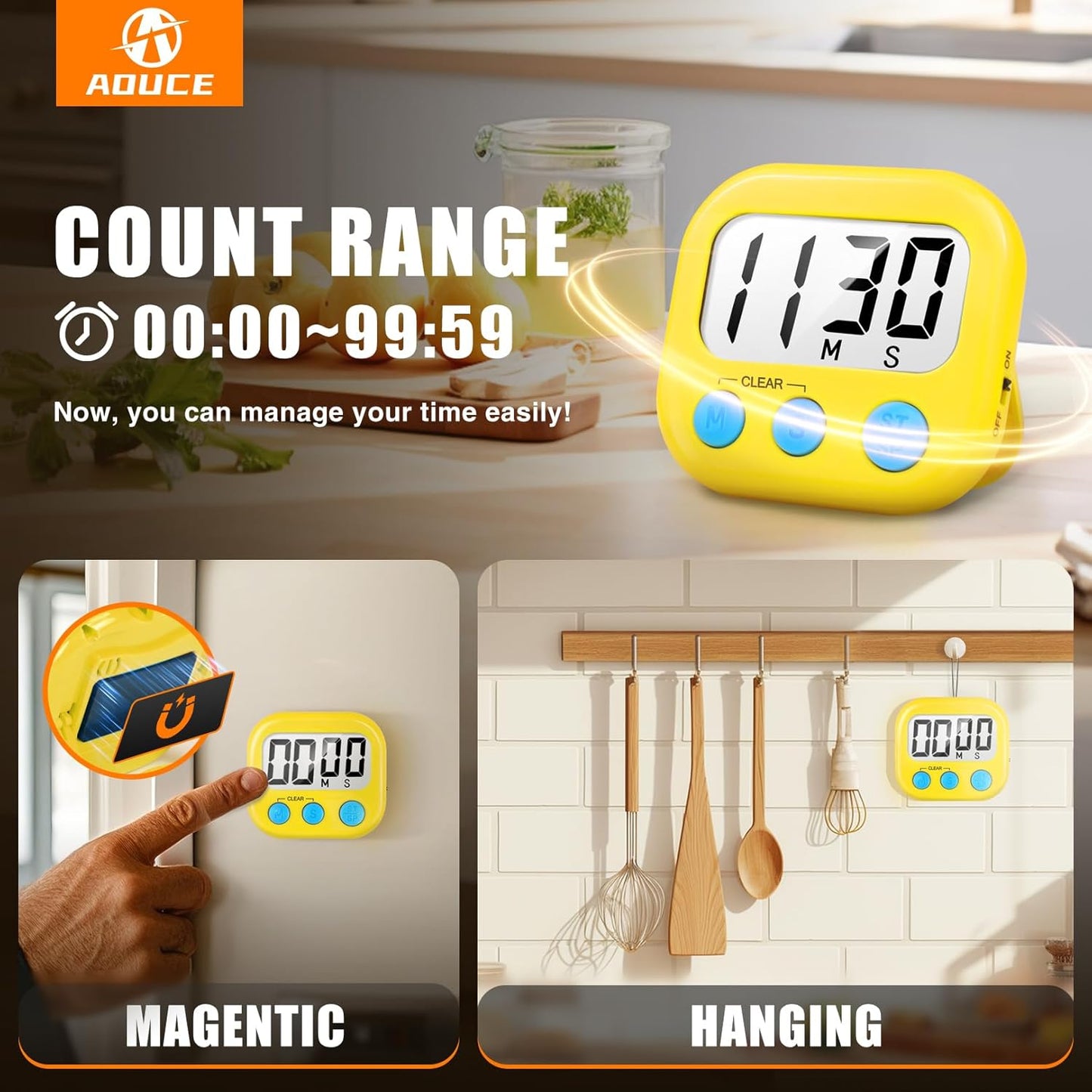 2 Pack Digital Kitchen Timer for Cooking Big Digits Loud Alarm Magnetic Backing Stand Cooking Timers for Baking Yellow