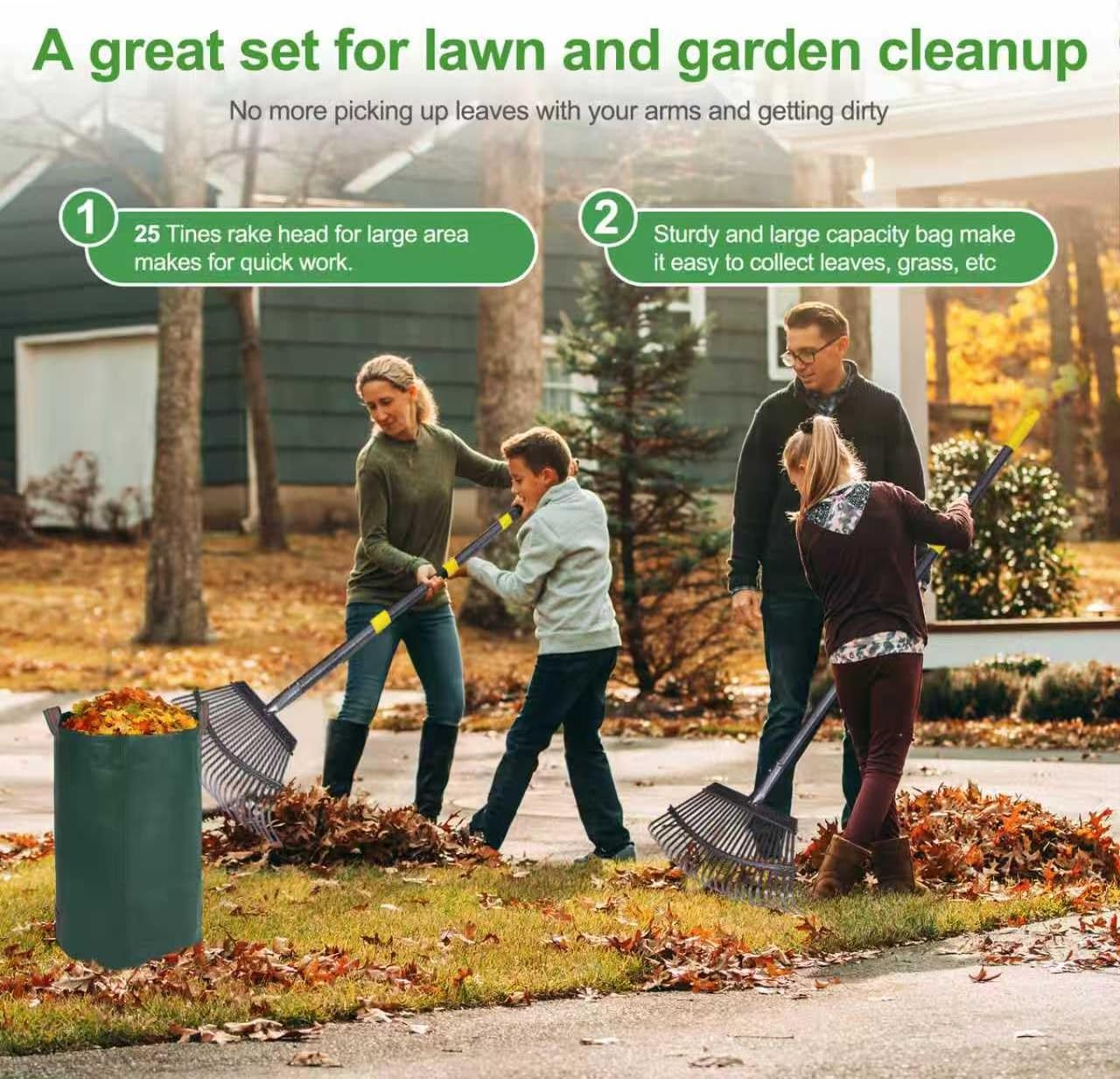 25 Metal Tines Rake for Leaves, 36-73" Adjustable Handle Garden Rakes,18" Wide Heavy Duty Rake with 32Gallon Reuseable Leaf Bag, A Great Cleanup Set for Lawn, Garden, Yards, Shrub,Grass, RV Camping