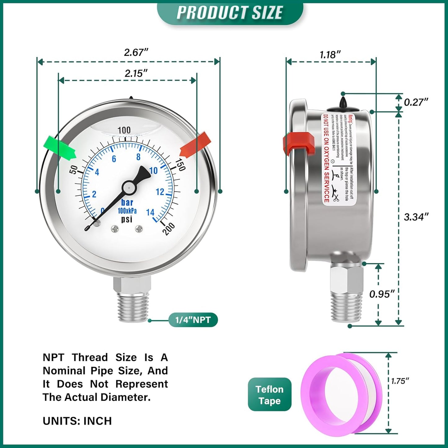 0-200PSI Stainless Steel Liquid Filled Pressure Gauge, 2.5" Dial Size, 1/4" NPT 316 Stainless Steel Joint, Lower Mount, for Tube, Water Pump, Gas, Liquid (with Range Mark Pointer)