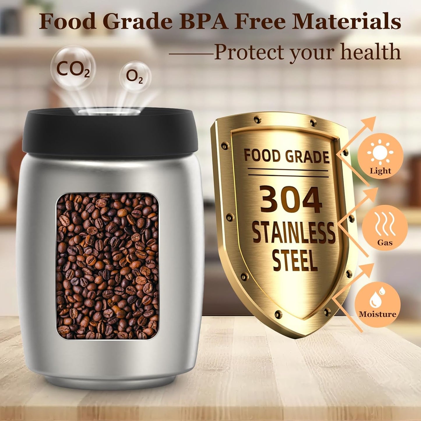 Vacuum Coffee Canister, Coffee Bean Storage with Scoop, 304 Stainless Steel Airtight Food Storage Container, Perfect for Coffee Beans,Grounds,Loose Leaf Tea,2400ml/32OZ (S+M+L)