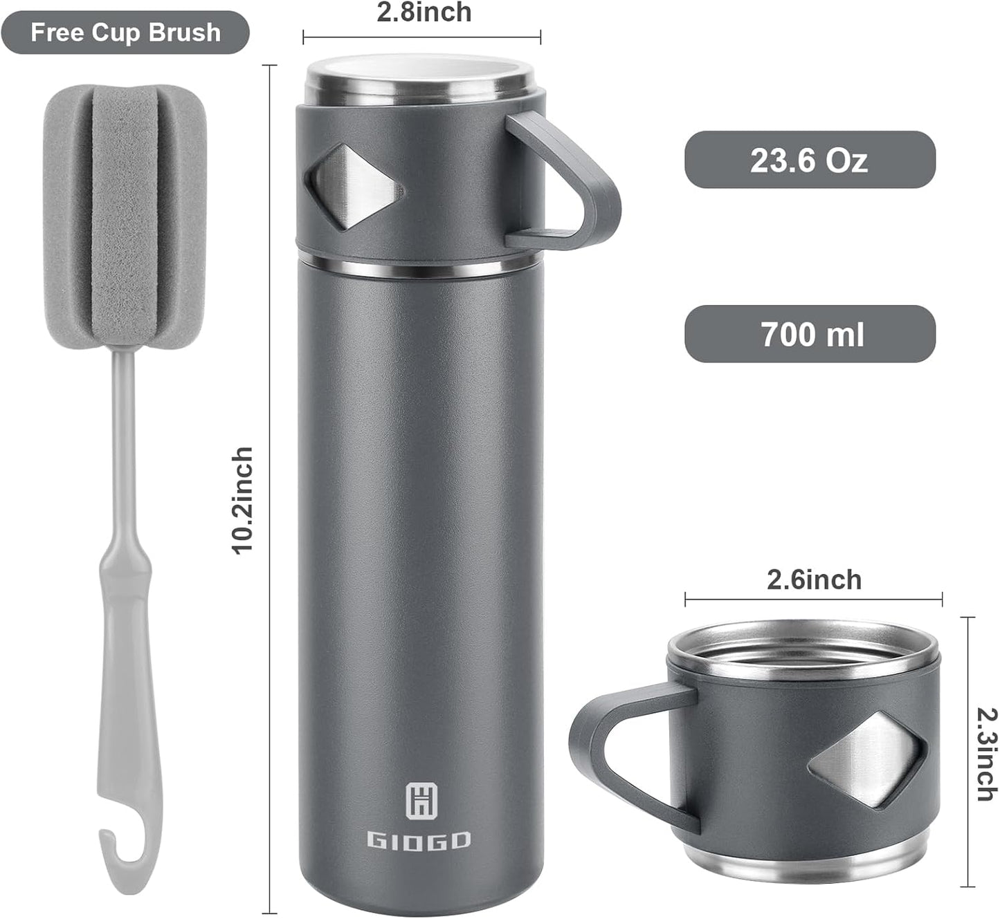 Stainless Steel Thermo 700ml/23.7oz Vacuum Insulated Bottle with Cup for Coffee Hot drink and Cold drink water flask.(Gray,Set)
