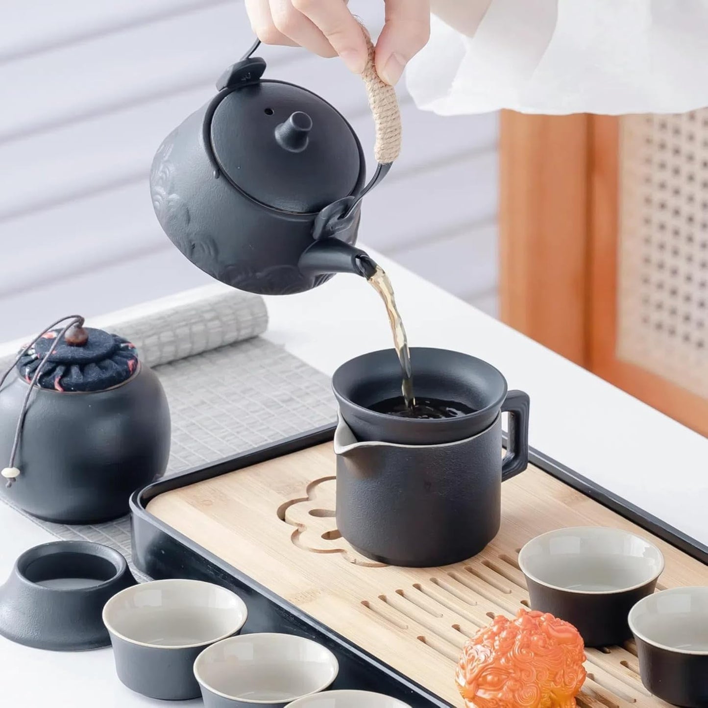 ICHAG Japanese & Chinese Tea Set, Adults' Portable Gongfu Tea Set with Teapet with Porcelain Teapot, 8oz Teapot,14-Piece 茶具 for Home/Outdoor/Office Gifts (Gray)