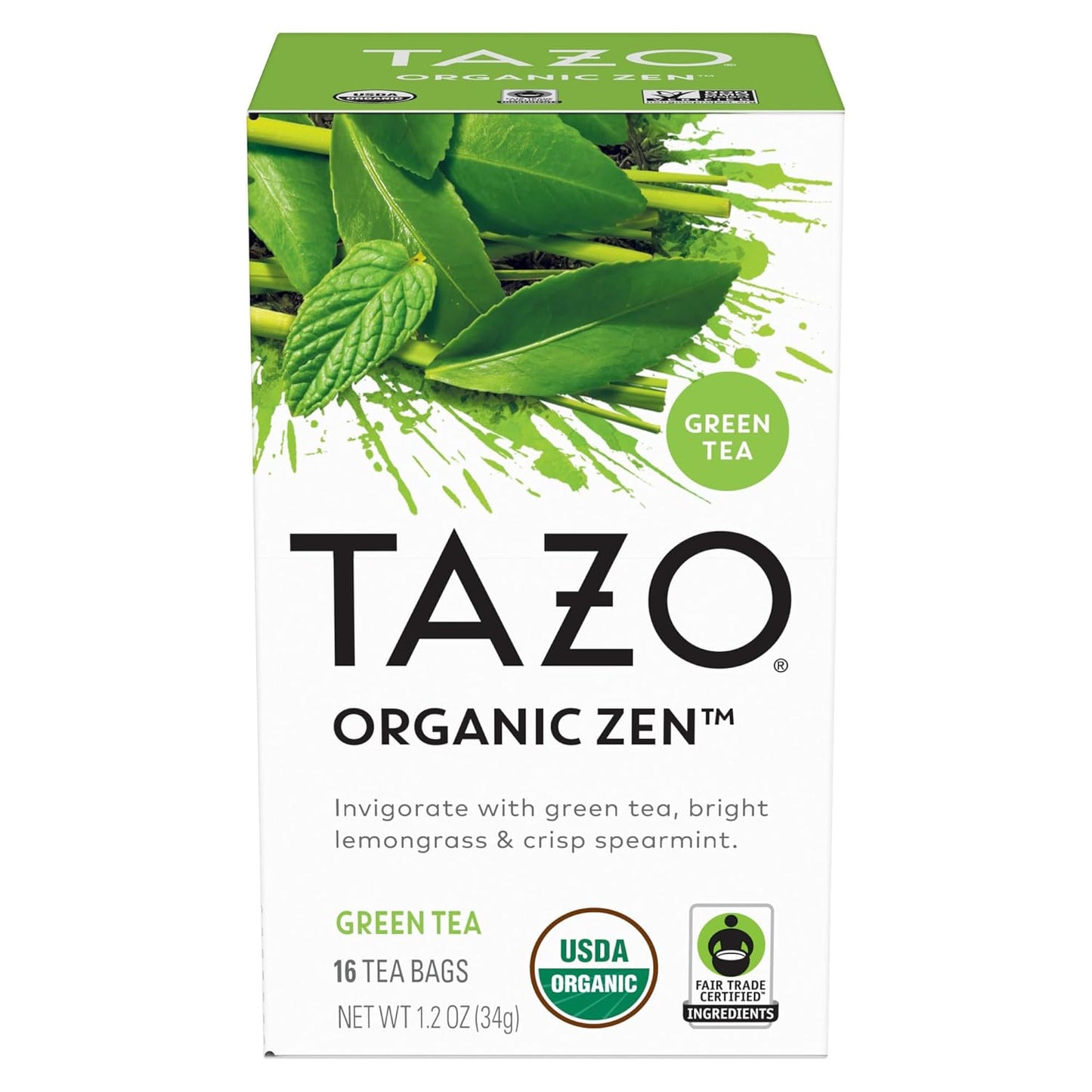 TAZO Organic Zen Green Tea, Caffeinated Tea with Refreshing Lemongrass & Spearmint, 16 Total Bags
