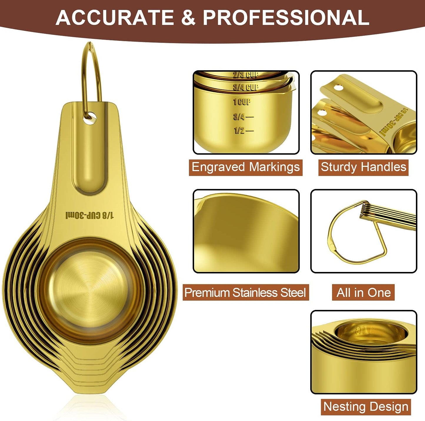 Wildone Gold Measuring Cups & Spoons Set of 21 - Includes 7 Stainless Steel Nesting Measuring Cups, 8 Measuring Spoons, 1 Leveler & 6 Mini Measuring Spoons, Ideal for Dry & Liquid Ingredients