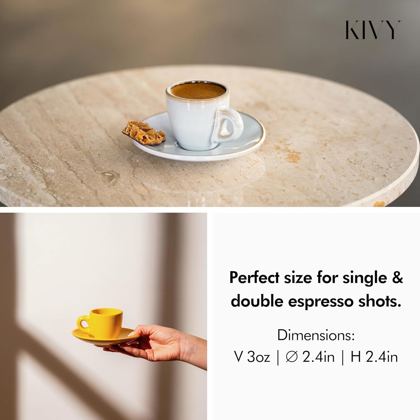 KIVY Espresso Cups Set of 4 [Set 4x 3oz]- Espresso Set Thick Walled Stoneware Espresso Cup Set - Italian Style Espresso Cups and Saucers - Espresso Mugs - Demitasse Cups and Saucers Sets - Yellow