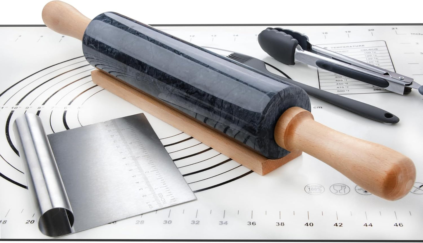 Marble Rolling Pin Set with Silicone Pastry Mat,Pastry Brush,Cooking Tongs,Stainless Steel Scraper18.5 inch Polished Non-Stick Roller for Pizza Dough,Fondant,Pie Crust(Gray Black)