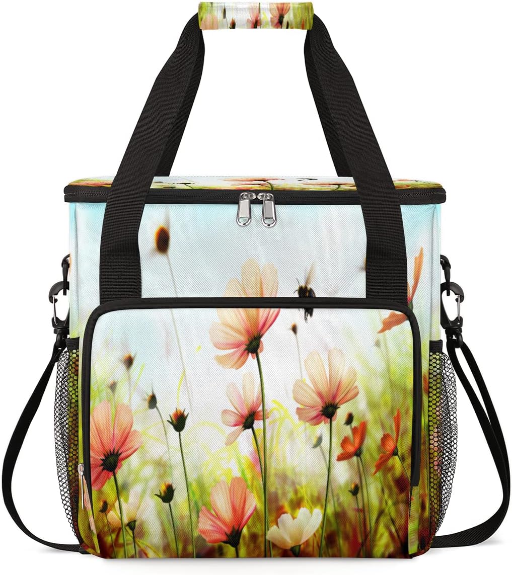 Spring Flower Coffee Maker Carring Bag Colorful Floral Travel Storage Tote Bag Compatible with Keurig K-Mini or K-Mini Plus Portable Single Serve Coffee Brewer Case with Pockets for K-cup Pods
