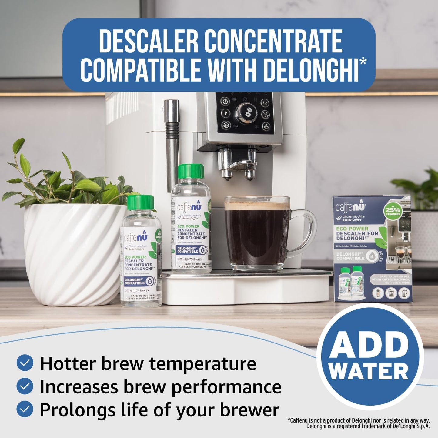 Delonghi Compatible Descaling Solution. 2 Bottles of Descaler Solution. Descaling Kit Removes Limescale For Hotter Coffee. 4 Uses Descaler For Delonghi Coffee Machines.