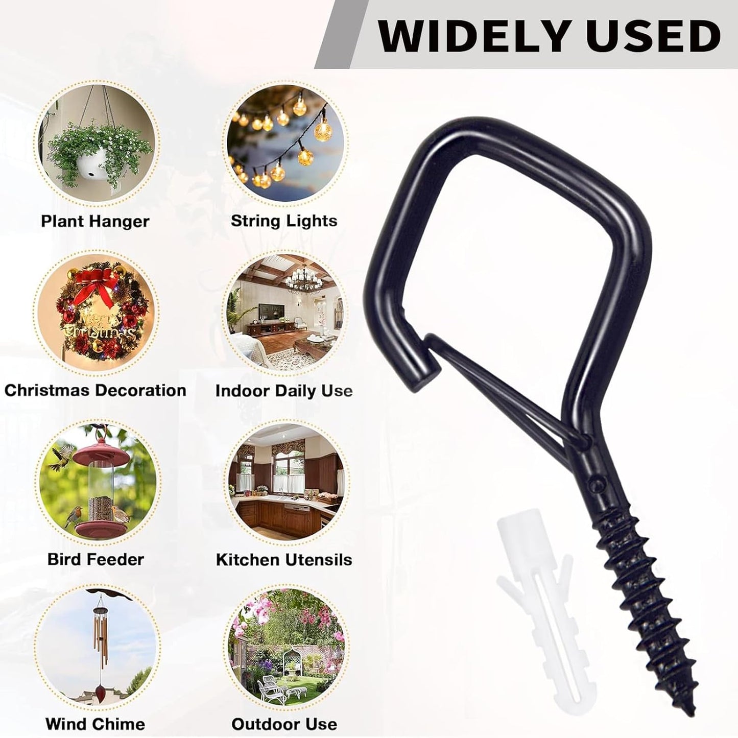 20PCS Eye Screw Hooks for Hanging Heavy Duty with Safety Buckle.Metal Ceiling Hooks for Hanging Plants,Cup,Wind Chime,Bird Feeders,String Lights at Indoor&Outdoor,2.36 Inch(No Drill Bit)