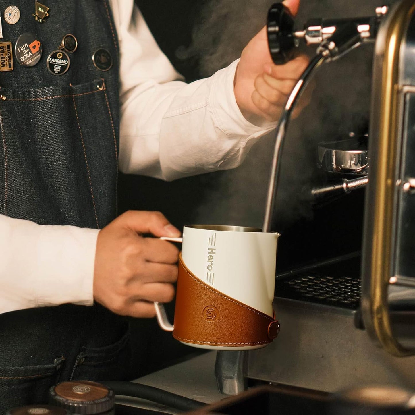 Milk Frothing Pitcher 450ml/16oz 304 Stainless Steel Espresso Steaming Pitcher with PU Leather, Milk Frothing Jug,milk frother cup,Milk Jug Cup,Premium Barista Tools,Latte Art (WHITE,16oz)