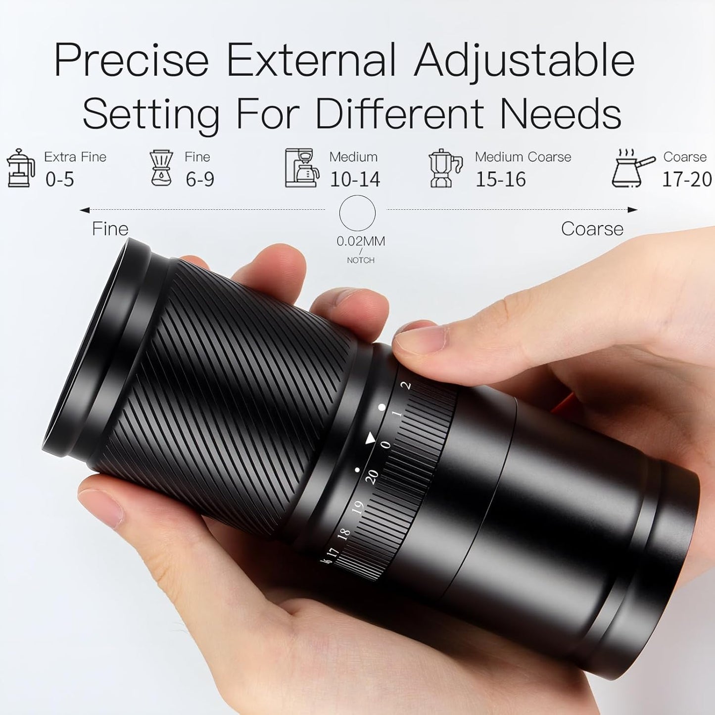 Manual Coffee Grinder with Numerical External Adjustable Setting, Capacity 30g with CNC Stainless Steel Conical Burr (black)