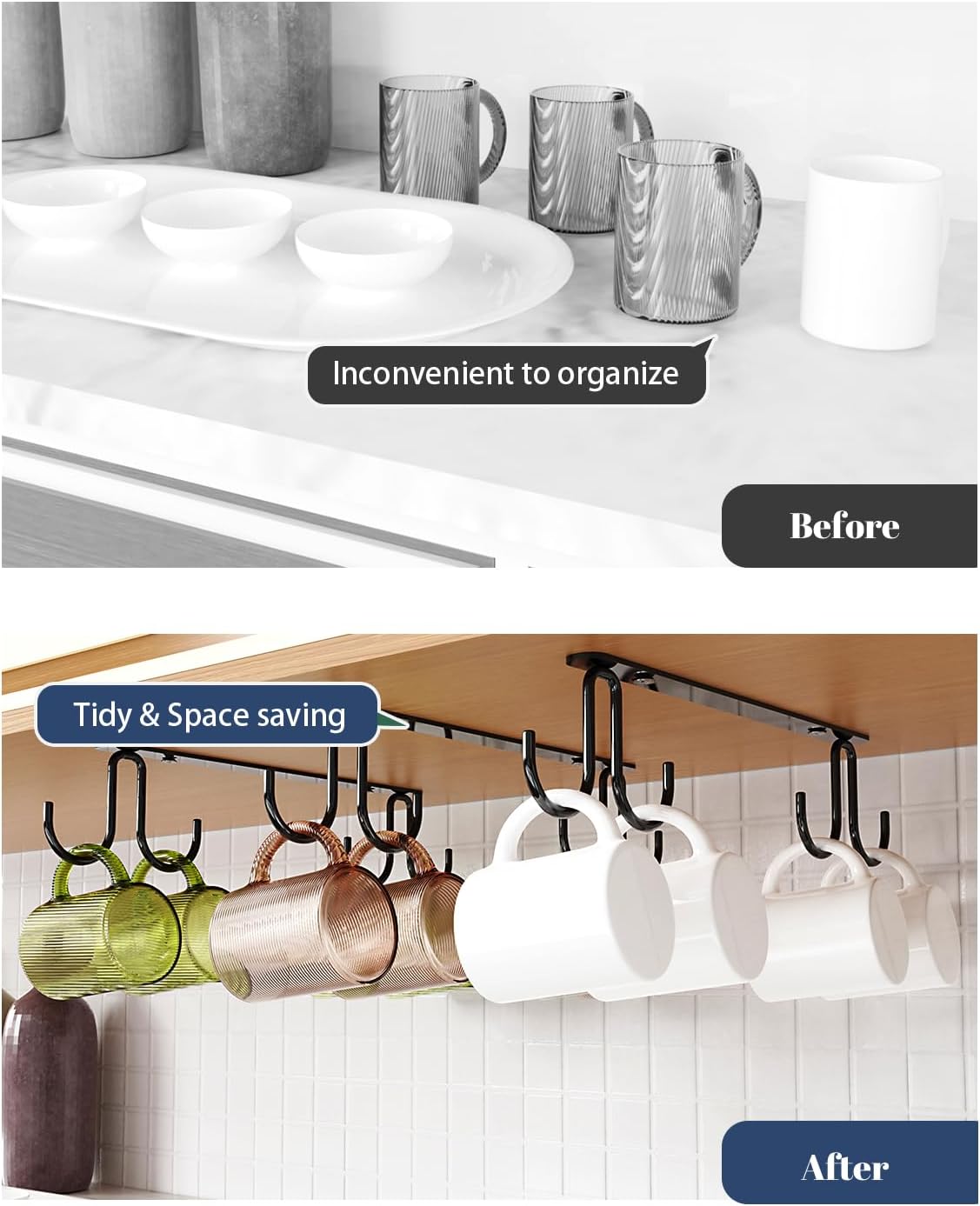Mug Hooks Under Cabinet 3 Pack, Metal Cup Hooks for Hanging Under Shelf, Mug Organizer Rack with 12 Hooks for Displaying Mugs, Coffee Cups and Kitchen Utensils, Black