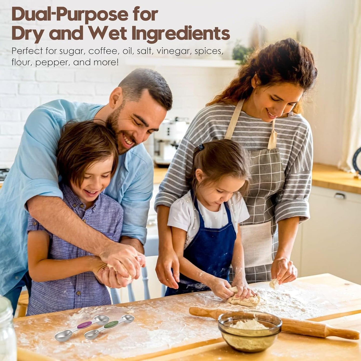 Magnetic Measuring Spoons Set of 8 - Heavy Duty 304 Stainless Steel, Triple Measurement Markings, Strong N52 Magnets, Easy to Clean, Space-Saving with Leveler Included (Colorful)