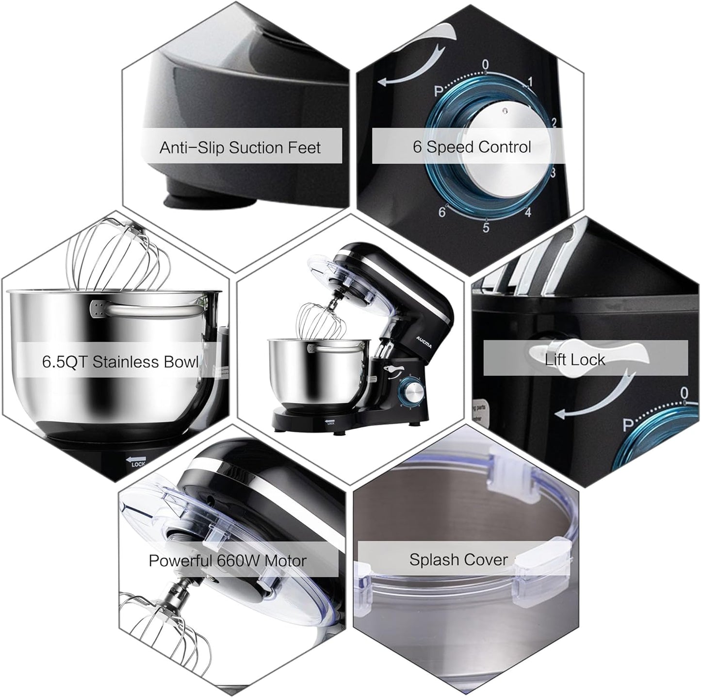 Aucma Stand Mixer,6.5-QT 660W 6-Speed Tilt-Head Food Mixer, Kitchen Electric Mixer with Dough Hook, Wire Whip & Beater (6.5QT, Black)