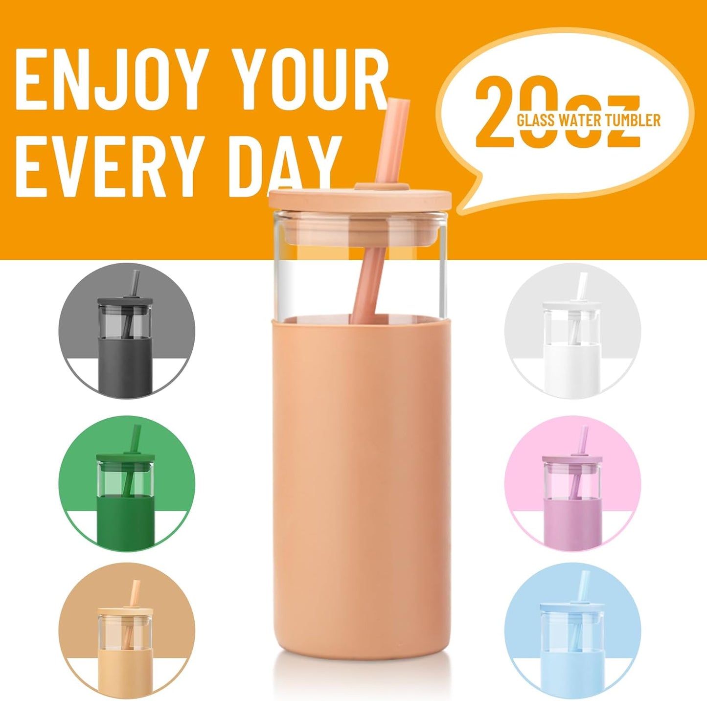 Tronco 20 oz Glass Tumbler With Lids and Straws, Reusable Smoothie Cups With Silicone Lid, Iced Coffee Cup With Silicone Protective Sleeve, Dishwasher Safe- BPA Free（Pink1 Count）