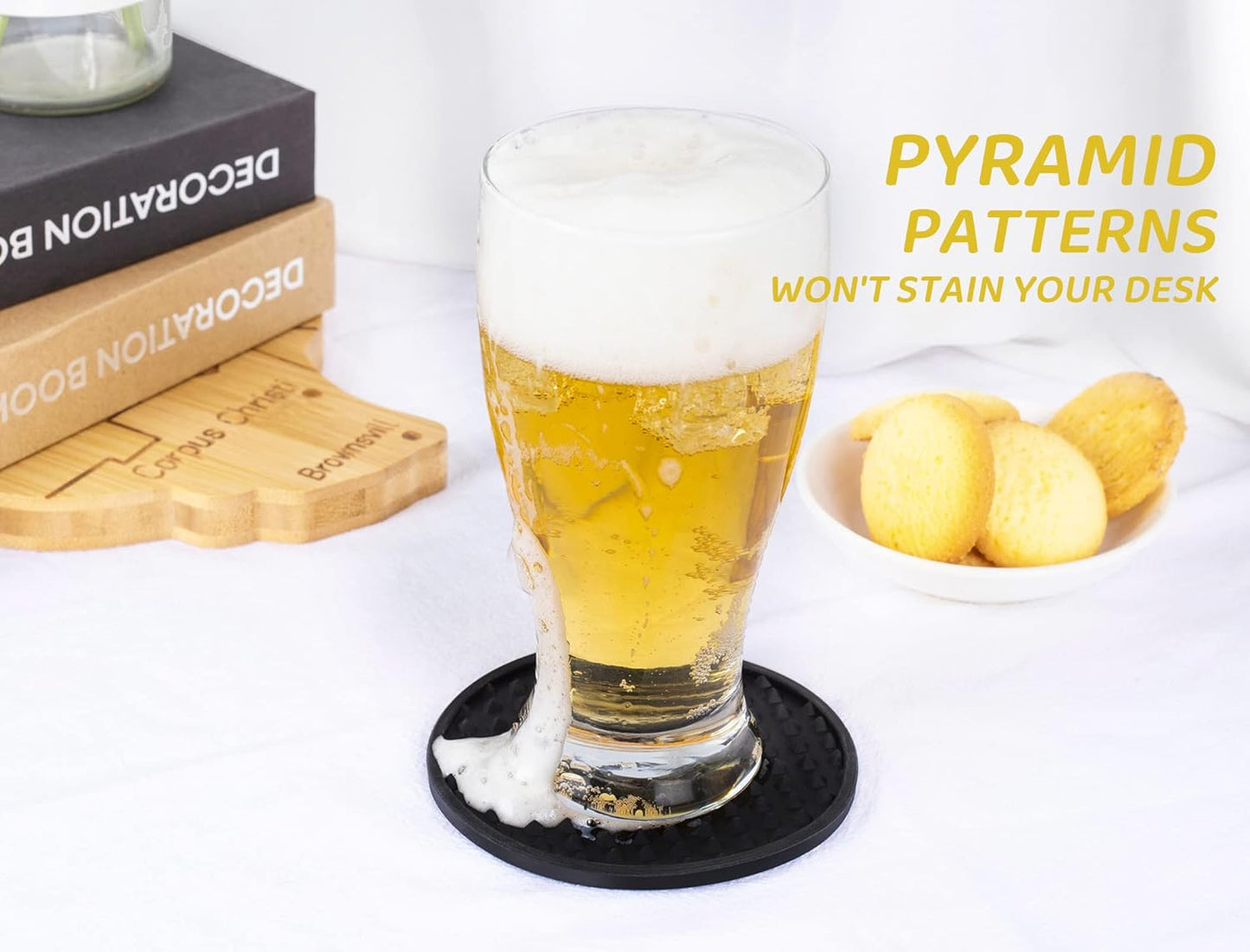 Coasters for Drinks 6 Pack Drink Coaster with Holder,Heat Resistant Silicone Cup Mat Tabletop Protection,Non-Slip Rubber Coasters for Kinds of Cups (Black)