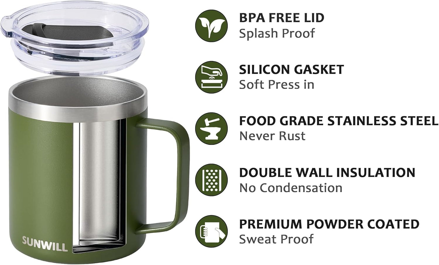 SUNWILL Travel Coffee Mug with Lid, Insulated Tumbler with Handle, 14 oz Stainless Steel Cup for Camping, Office, Home, Powder Coated Olive