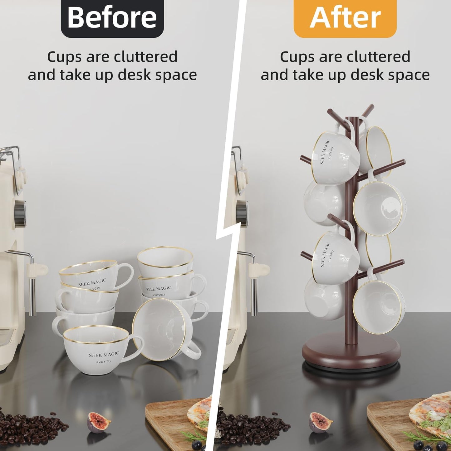 BAMBANG Mug Holder Tree, 360° Rotating 8 Hooks Coffee Cup Holder for Counter, Bamboo Coffee Mug Rack Standing for Kitchen Countertop Home, Espresso