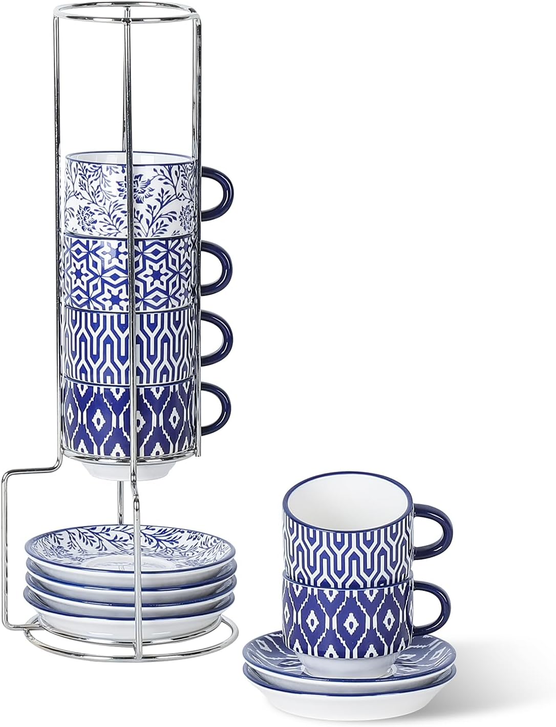 Selamica Ceramic Espresso Cups with Saucers, 2.5 OZ Stackable Demitasse Cups with Metal Stand, Mini Espresso Mugs for Latte Coffee Café Mocha Tea, Set of 6, Vintage Blue