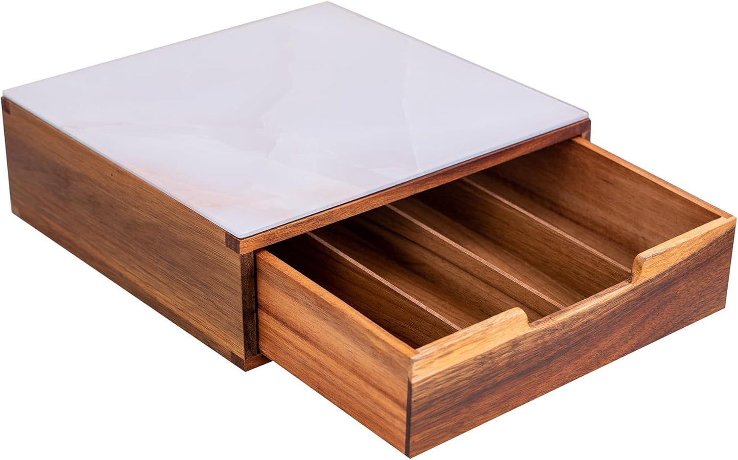 Tempered Glass and Natural Wood Coffee Pod Drawer Organizer - 20 Capsule Multifunctional K Cup Storage | Countertop Coffee Station Organizer for Home/Office (White)