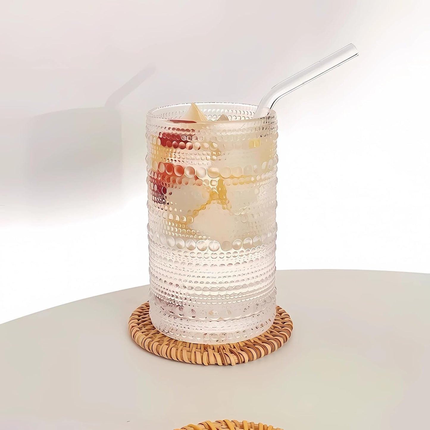 4 Pcs Iced Coffee Glasses Cups with Glass Lids and Straws,12 oz Thick Emboss Beaded Drinking Glass Cup Set,Latte Glasses,Ideal for Water,Soda,Gift - with Cleaning Brushe