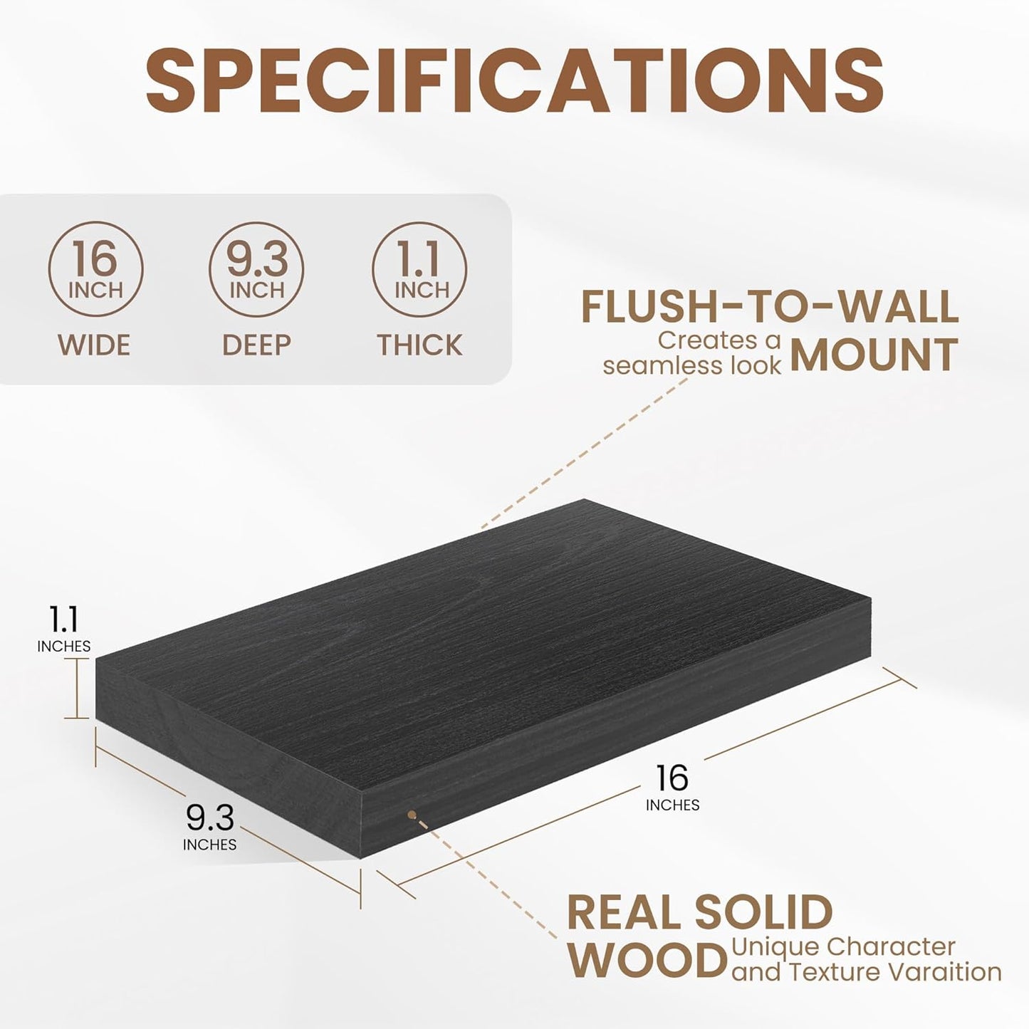 Fun Memories 9 Inch Deep Black Floating Shelves, Farmhouse Rustic Natural Wood Floating Shelf Wall Mounted, 16 x 9 Wall Shelves Set of 2, Deep Black Bathroom Shelves