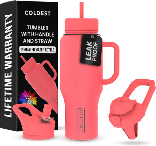 Coldest 40 oz Tumbler with Handle and Straw - 100% Leak Proof Insulated Tumbler with Lid and Straw (3 Lids) - Stainless Steel Tumblers for Women & Men - Cup Holder Friendly Base, 36 oz (The Cardinal)