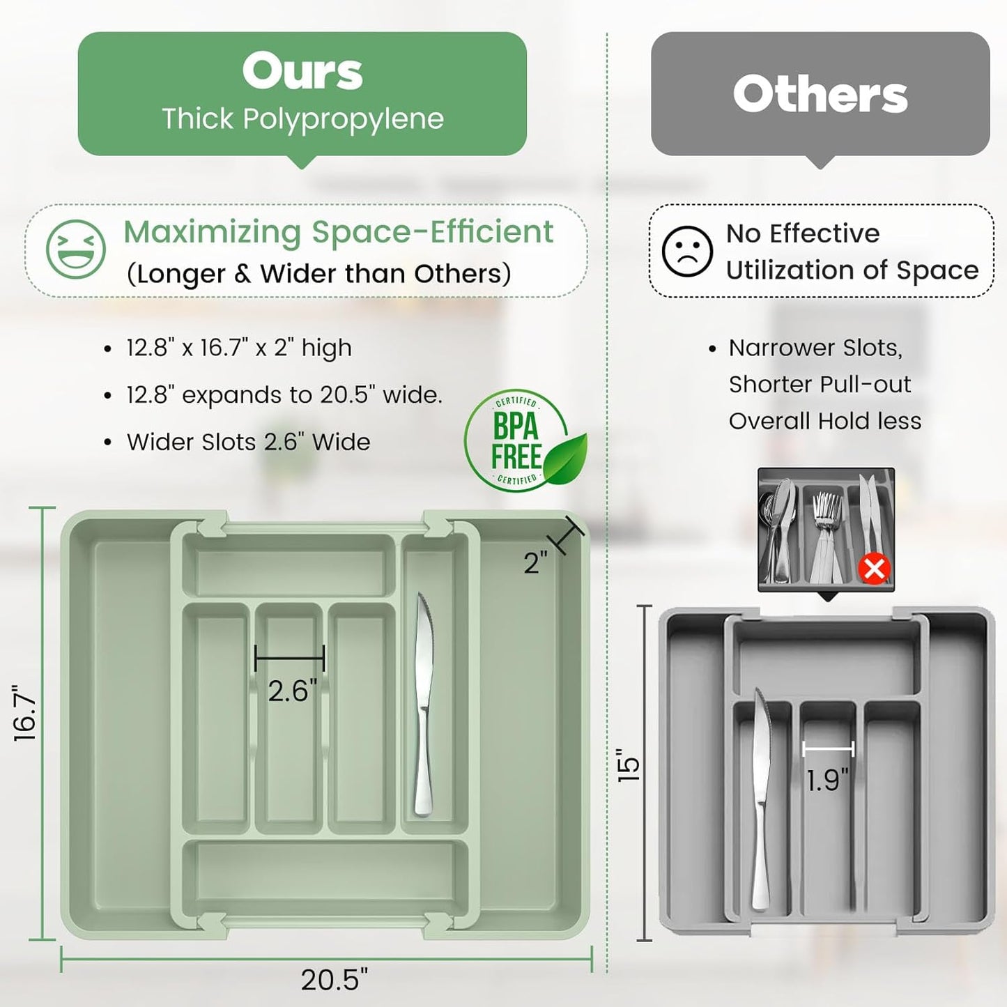 Caperci Large Silverware Organizer for Kitchen Drawer & Utensils - Expandable Drawer Organizer for Cutlery, Flatware & Gadget, BPA-Free Thick Plastic, Wider Compartments & Non-skid Feet (Sage Green)