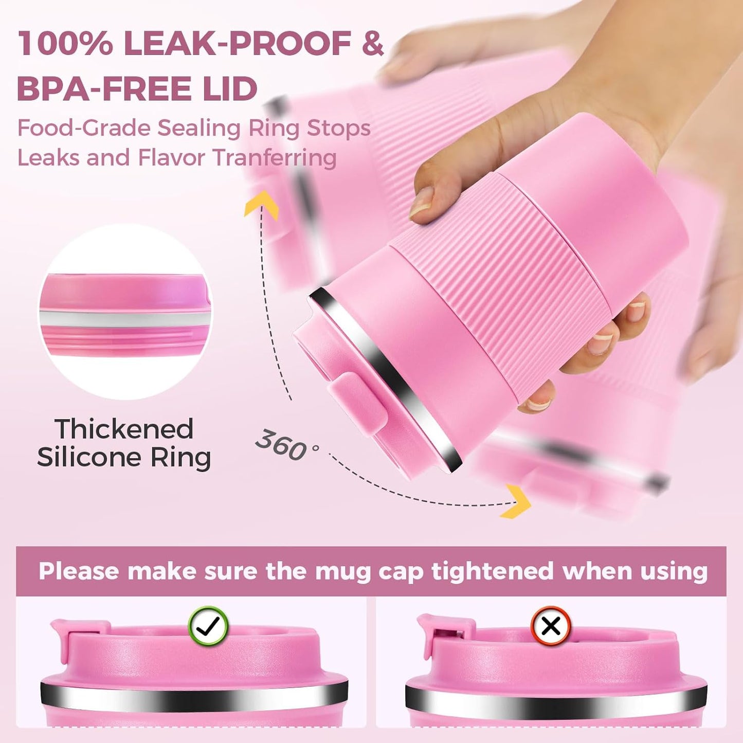 Volhoply 13 oz Stainless Steel Insulated Travel Coffee Mug with Fip Lid Bulk 4 Pack,Reusable Double Wall Vacuum Metal Coffee Cup,Portable Leak Proof Thermal Tumbler for Hot & Cold Drinks(Pink,4)